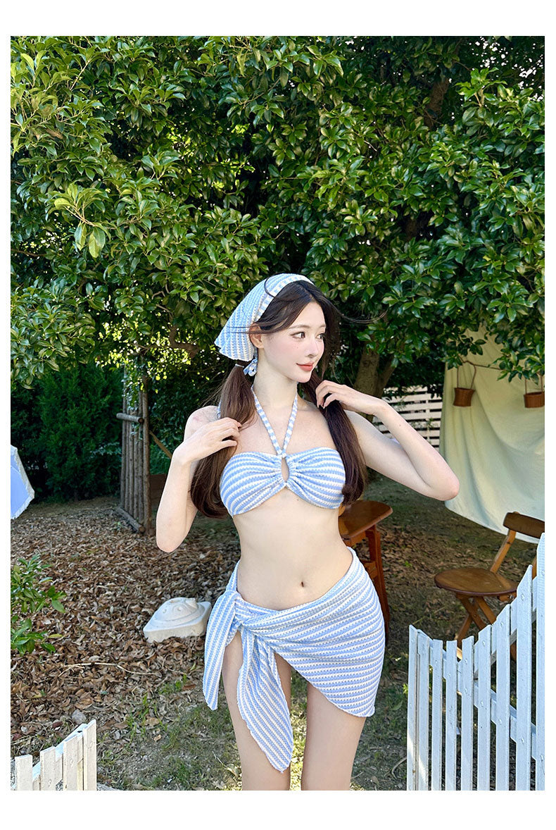 水藍初夏綁頸抹胸連頭巾泳衣套裝 / 藍色 / ✧661062