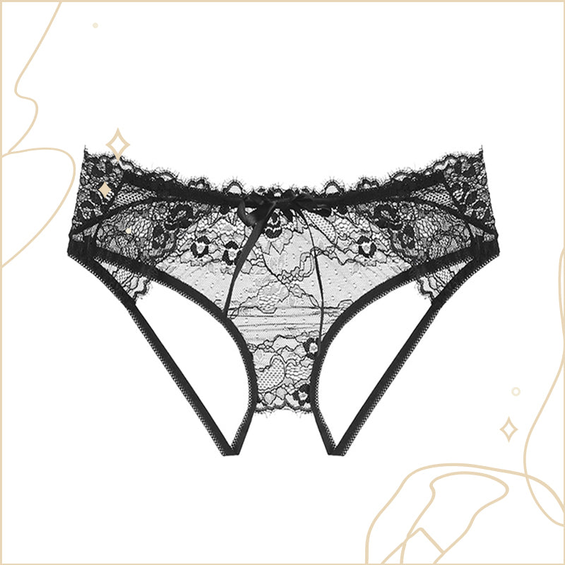 美臀大鏤空綁帶式開襠內褲 / 黑色 / ✧228031