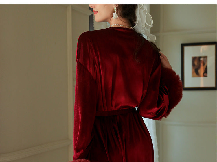 夜魅金絲絨毛毛袖長睡袍 / 白色 / ✧108293