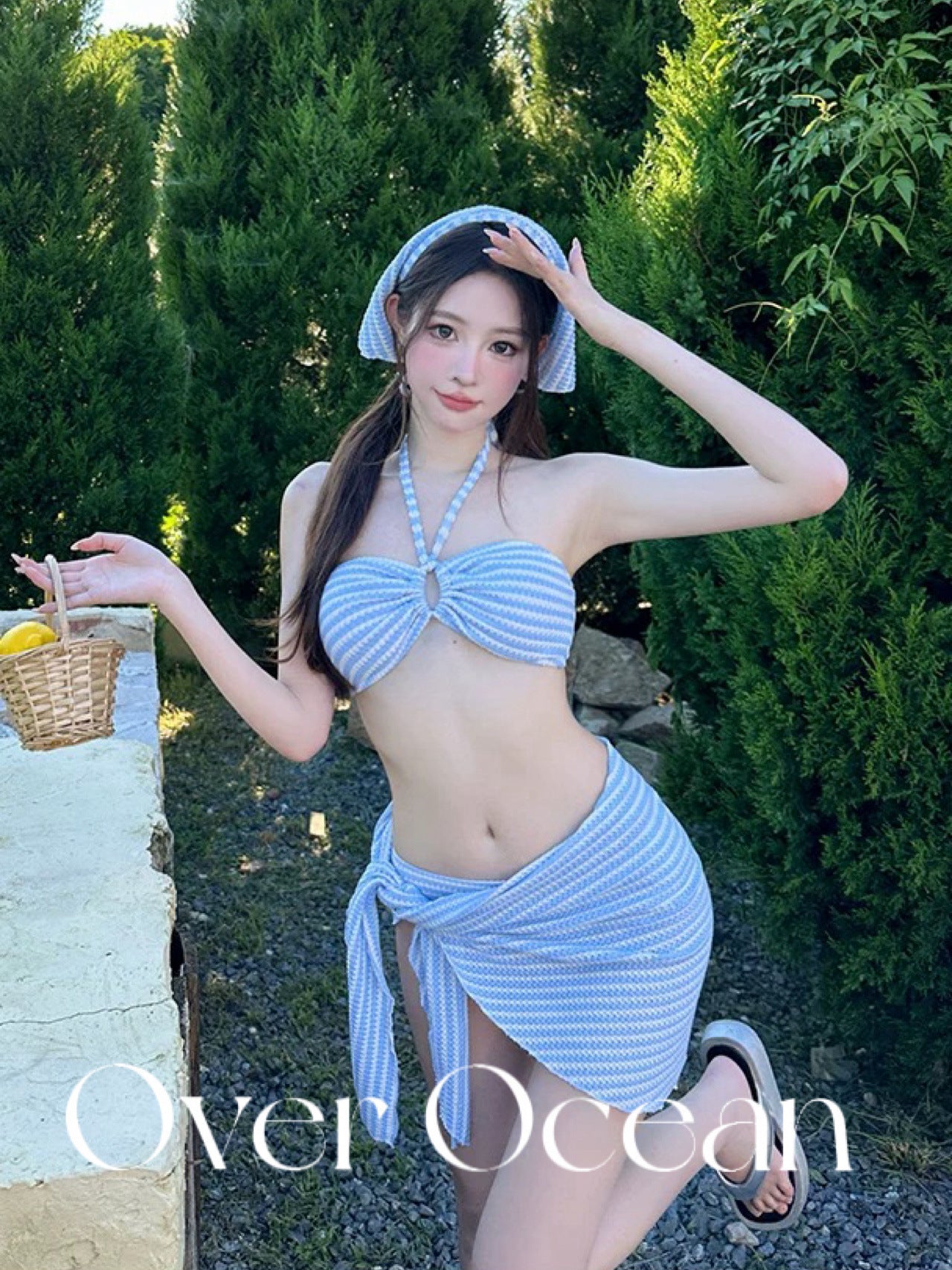 水藍初夏綁頸抹胸連頭巾泳衣套裝 / 藍色 / ✧661062