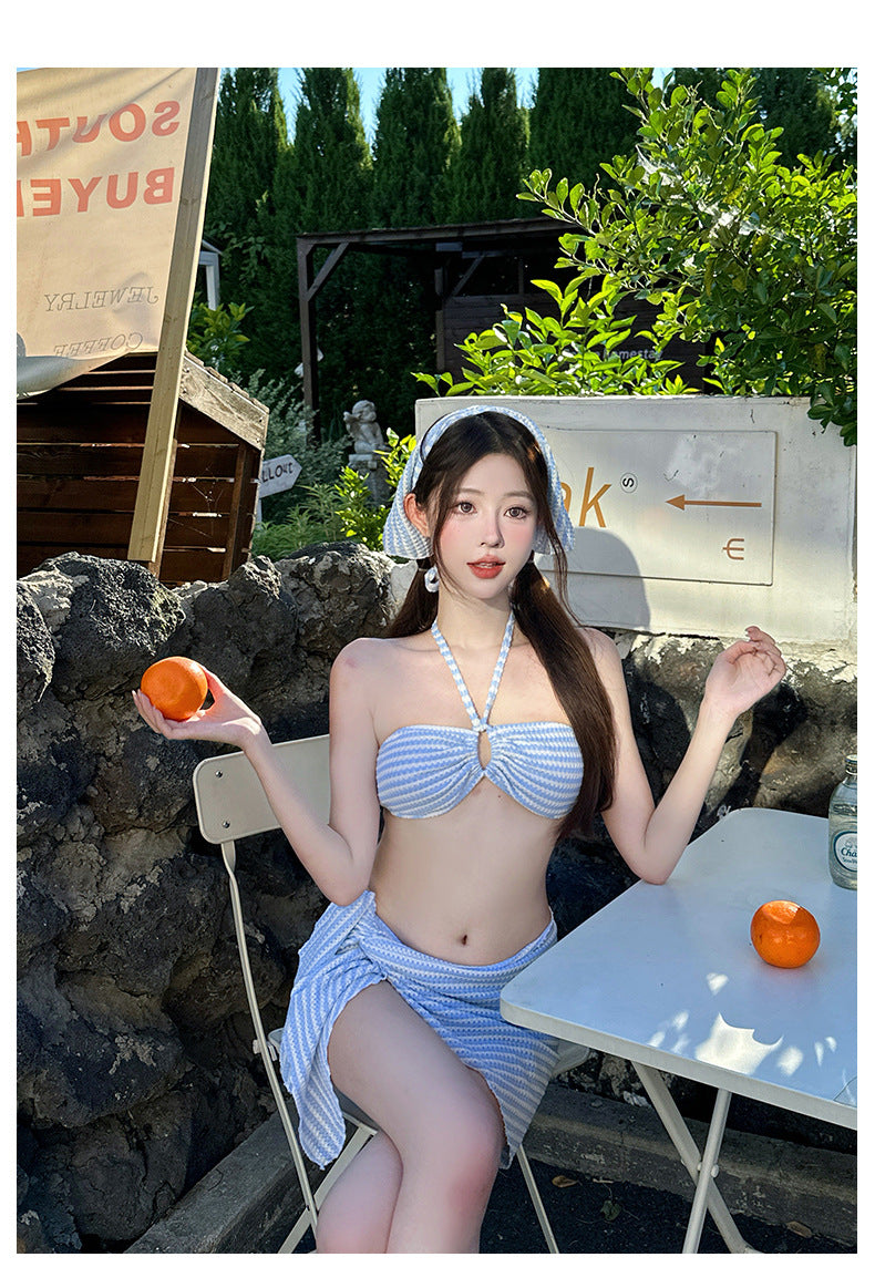 水藍初夏綁頸抹胸連頭巾泳衣套裝 / 藍色 / ✧661062