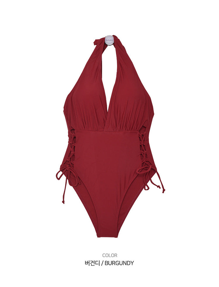 【 5 0 % ᴏ ғ ғ 】女神必備深V側綁帶連身泳衣 / 紅色 / ✧665781