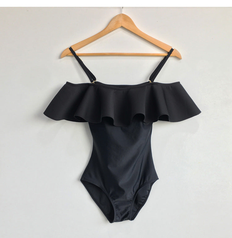 【 網店優惠  7 0 % ᴏ ғ ғ 】一字膊小公主連身泳衣 / 黑色 / ✧665131