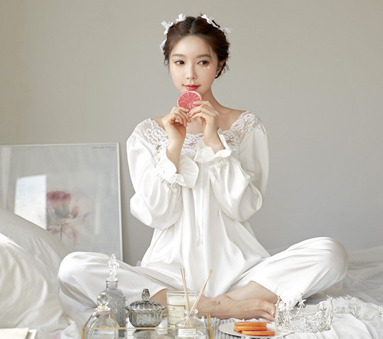 文青女神必備冰絲睡衣套裝 / 白色 / ✧104201