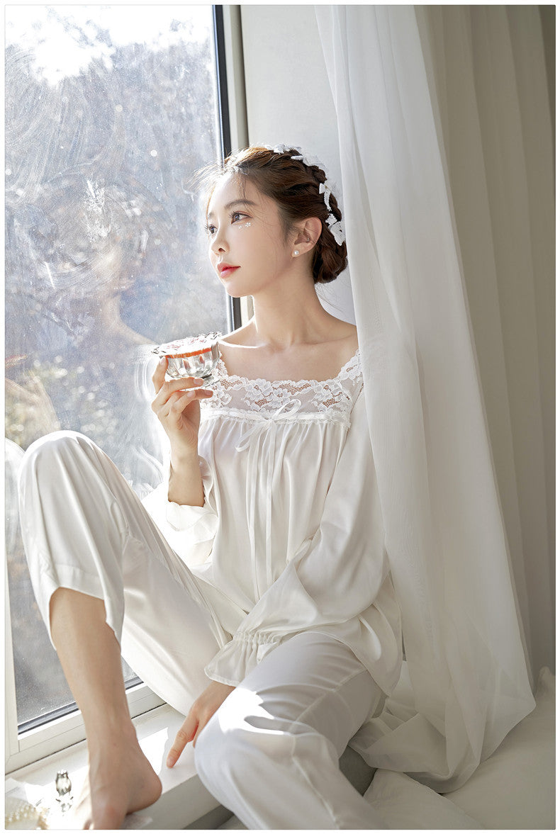 文青女神必備冰絲睡衣套裝 / 白色 / ✧104201