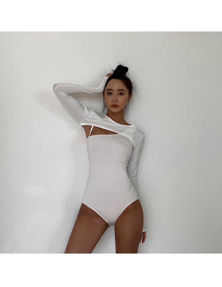 【 𝟻 𝟶 % ᴏ ғ ғ 】韓系性感半截罩衫單肩泳衣 / 白色 / ✧665711