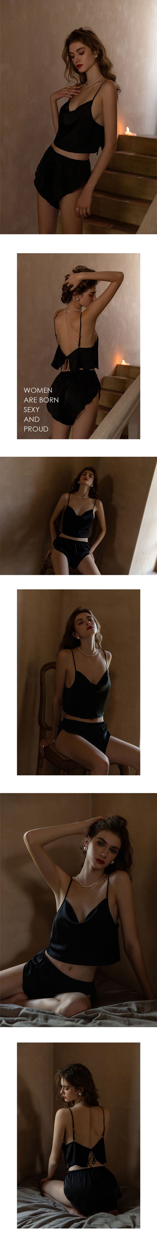 午夜甜心絲滑吊帶短褲睡衣套裝 / 黑色 / ✧102421