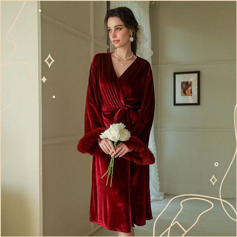 夜魅金絲絨毛毛袖長睡袍 / 酒紅色 / ✧108293