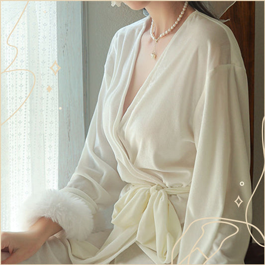 夜魅金絲絨毛毛袖長睡袍 / 白色 / ✧108293