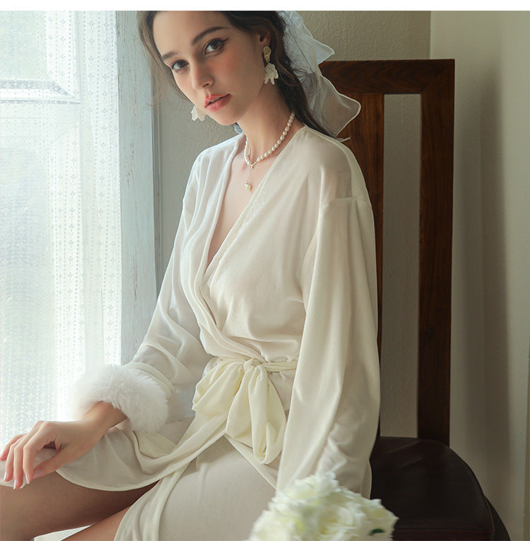 夜魅金絲絨毛毛袖長睡袍 / 酒紅色 / ✧108293