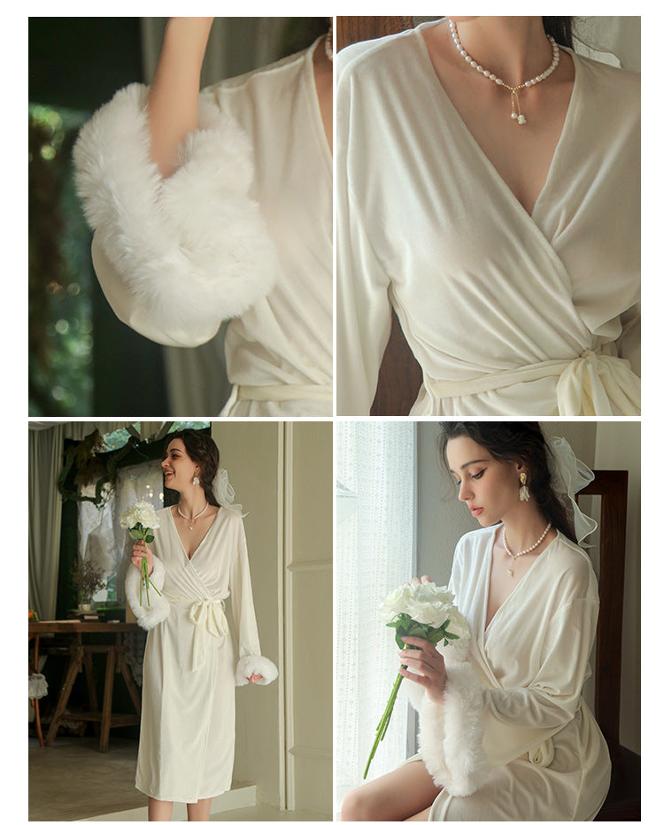 夜魅金絲絨毛毛袖長睡袍 / 酒紅色 / ✧108293