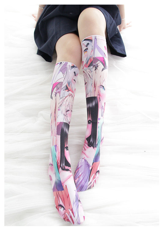 二次元萌感表情 彩色印花過膝長襪 / ✧559011