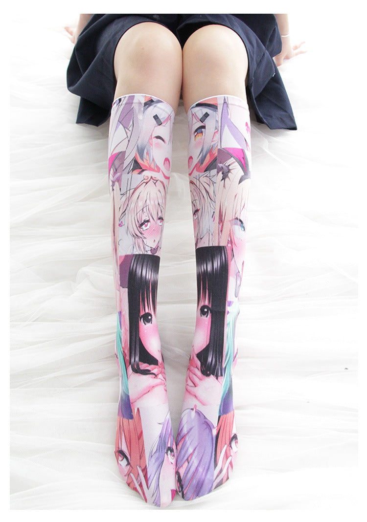 二次元萌感表情 彩色印花過膝長襪 / ✧559011