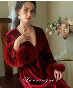 夜魅金絲絨毛毛袖長睡袍 / 酒紅色 / ✧108293