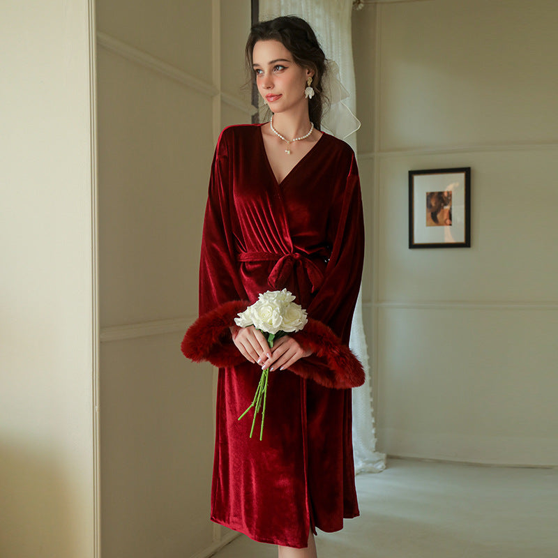 夜魅金絲絨毛毛袖長睡袍 / 酒紅色 / ✧108293