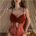 甜美禮物蕾絲開襠連體衣 / 酒紅色 / ✧851081