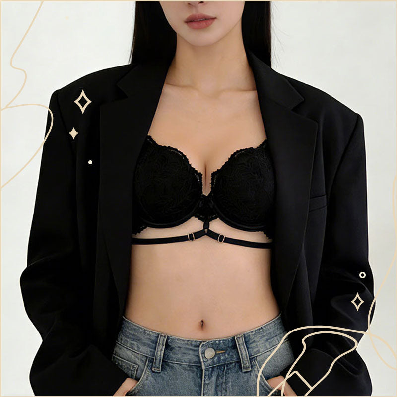 微醺光影精緻蕾絲鋼圈丁字褲套裝 / 黑色 / ✧200241