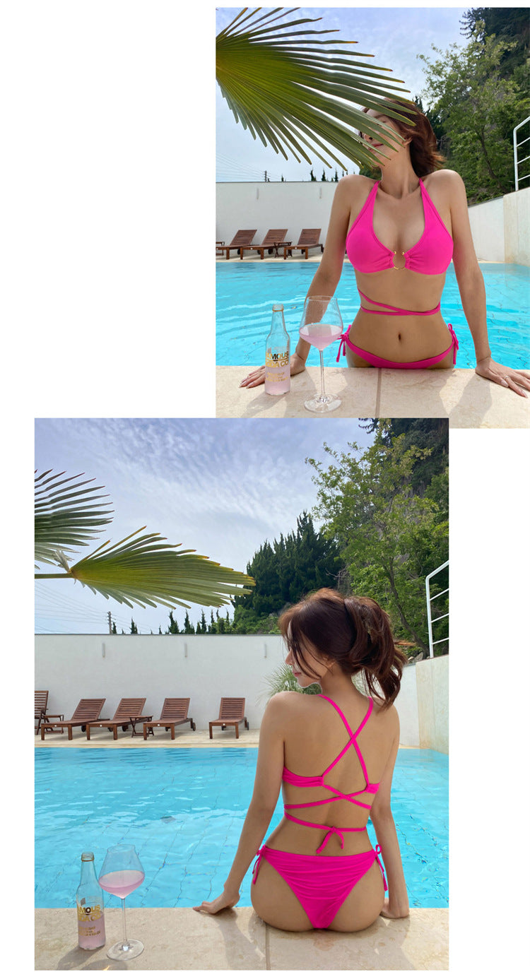 【 5 0 ％ ᴏ ғ ғ 】熱情桃色綁帶BIKINI / 粉色 / ✧660213