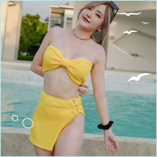 甜美海妖蝴蝶結比堅尼泳衣三件套裝 / 黃色 / ✧660533