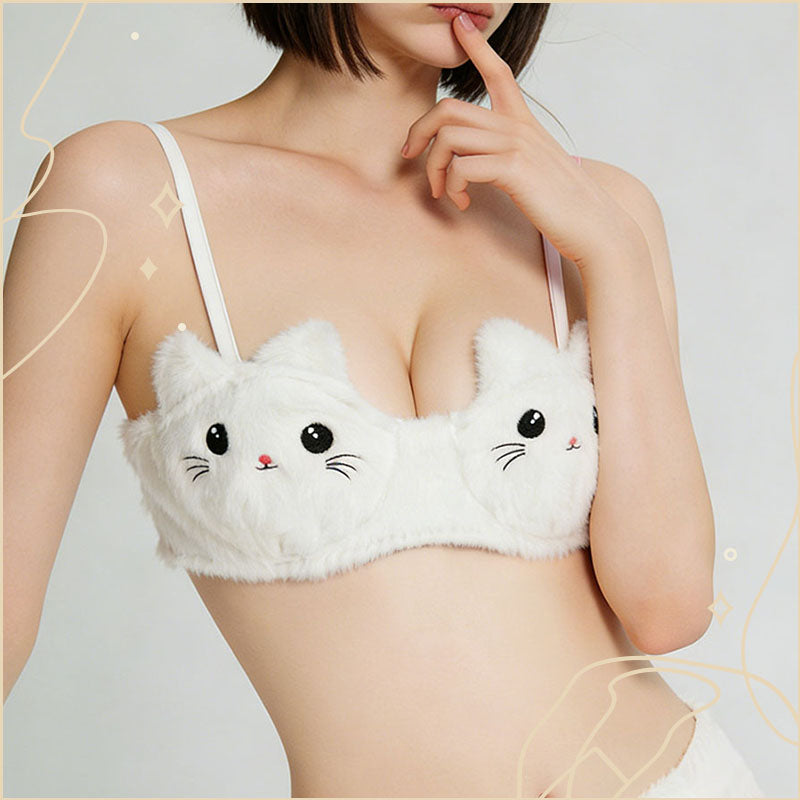 雲朵貓咪毛茸茸親膚無鋼圈胸圍套裝 / 白色 / ✧208001