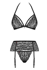 Obsessive 極致挑逗細帶蕾絲內衣吊襪帶3件套裝 / 黑色 / ✧838SEG1