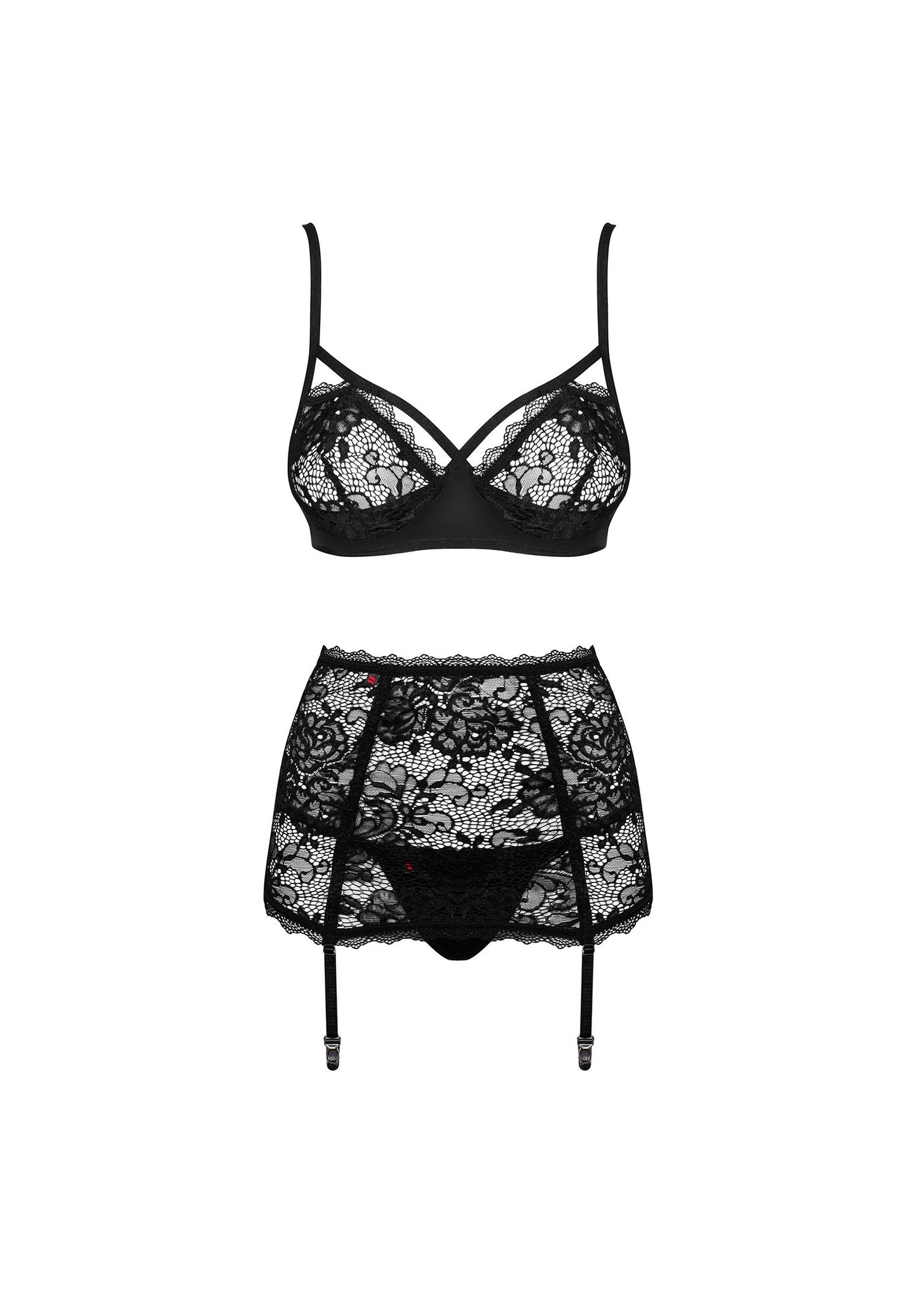 Obsessive 薄紗花卉蕾絲鋼圈內衣三件套裝 / 黑色 / ✧Peonesia