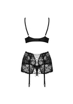 Obsessive 薄紗花卉蕾絲鋼圈內衣三件套裝 / 黑色 / ✧Peonesia