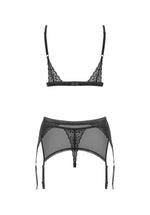 Obsessive Shibu 幾何圖案蕾絲內衣吊襪帶3件套裝 / 黑色