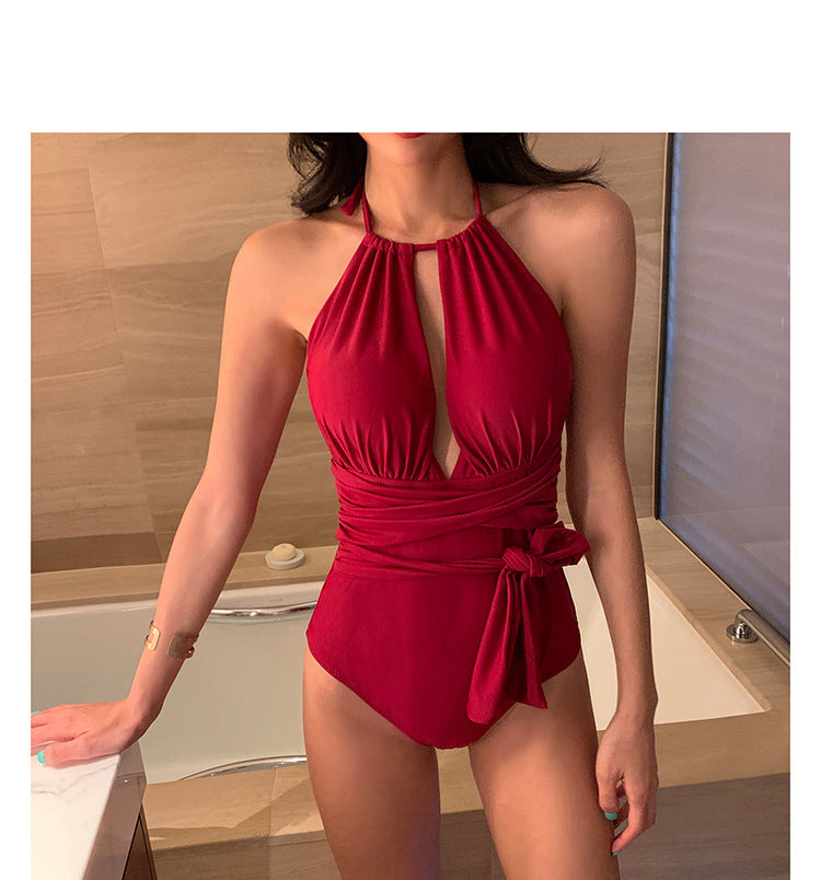 優雅女神法式掛頸連身泳衣 / 酒紅色 / ✧665151