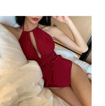 優雅女神法式掛頸連身泳衣 / 酒紅色 / ✧665151