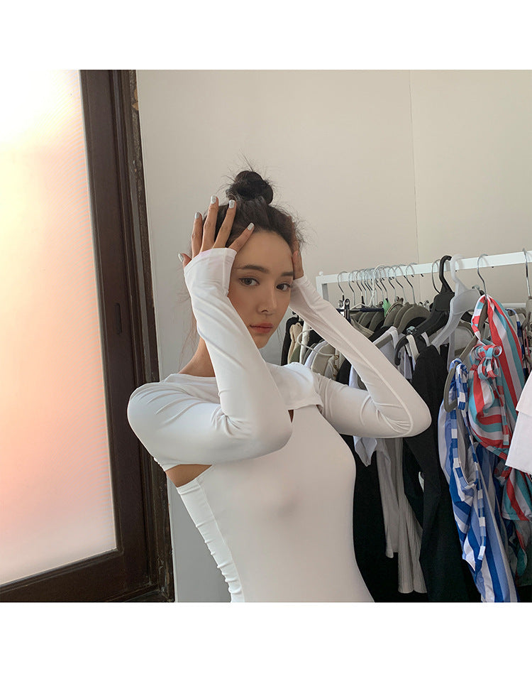 韓系性感半截罩衫單肩泳衣 / 白色 / ✧665711