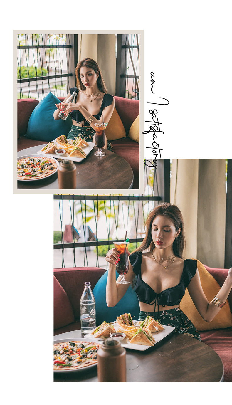 【 5 0 ％ ᴏ ғ ғ 】荷葉邊綁帶聚攏比堅尼 / 黑色 / ✧660931